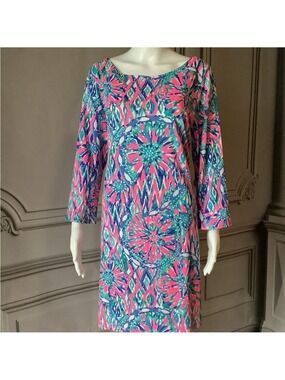Lilly Pulitzer 3/4 Sleeve BAY DRESS Tiki Pink in Shake It Up Print Size XL